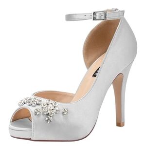 Bridal Wedding Peep Toe Silver Embellished Rhinestones Pumps Heels 7.5 NIB